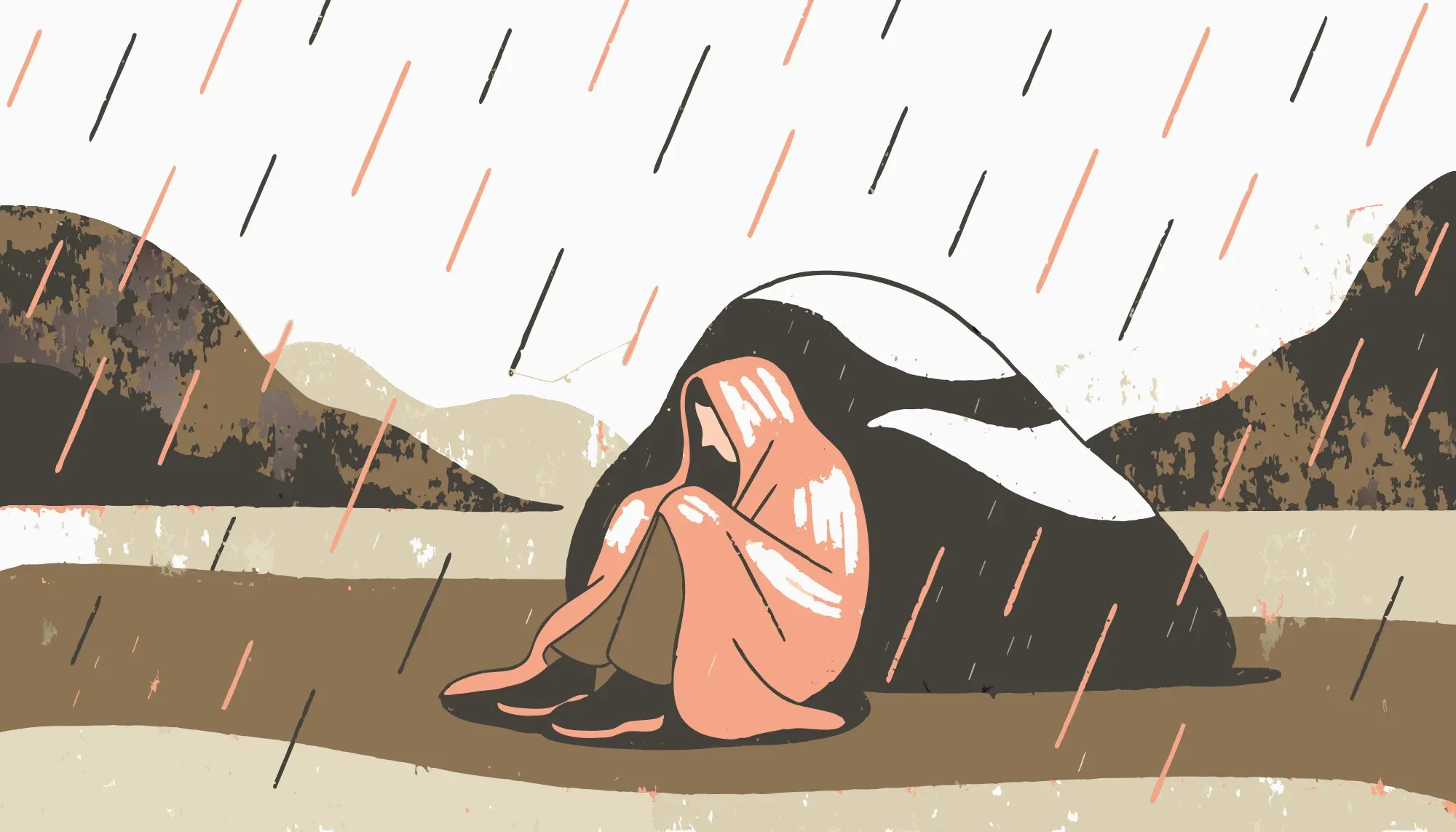 登山者裹著緊急保暖毯，蜷縮在岩石旁躲避風雨