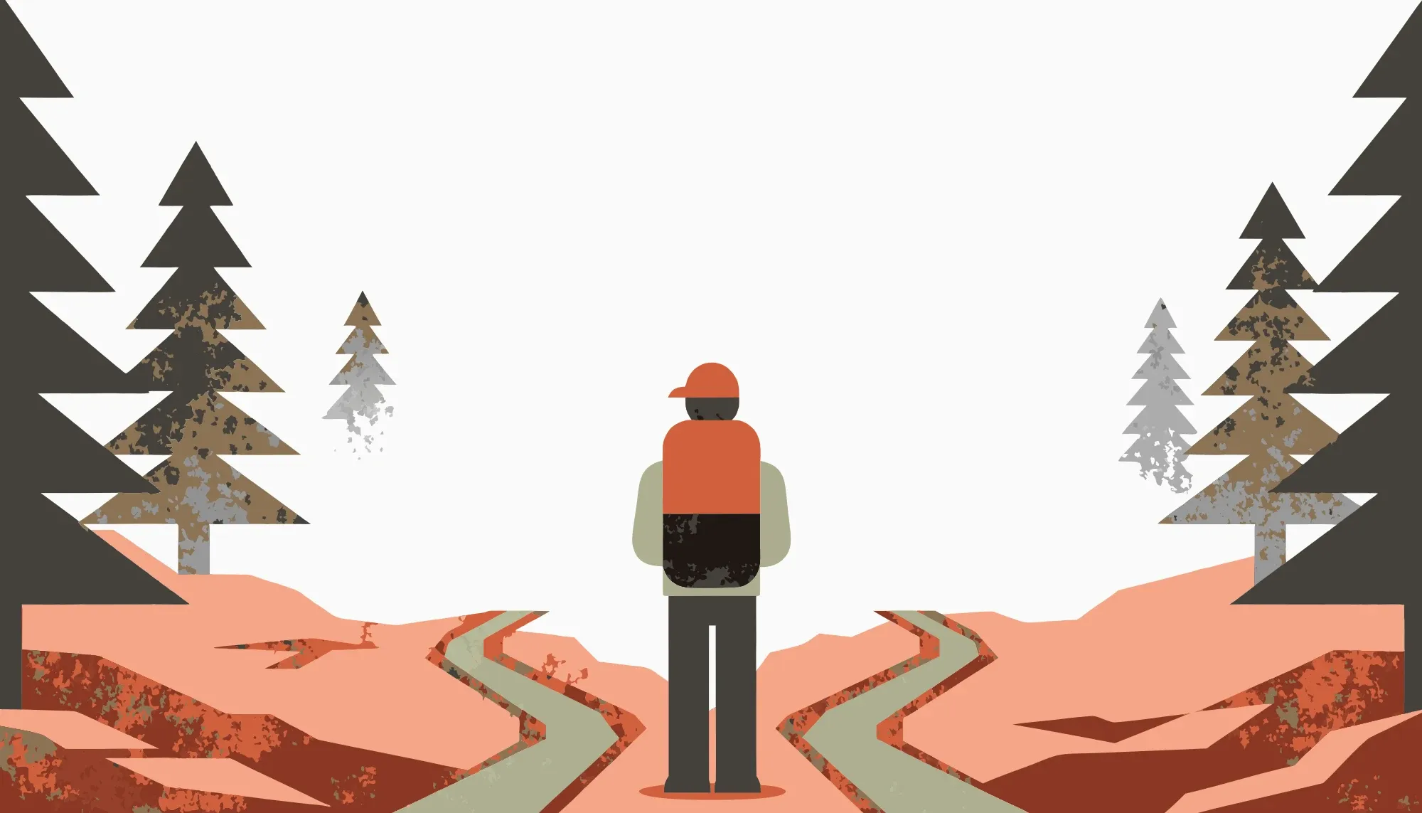 登山者背對鏡頭站在濃霧中的岔路口，前方兩條山徑分別沒入霧裡