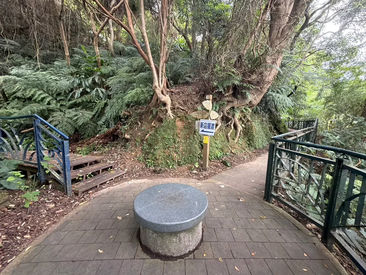 和美山步道岔路口的磚鋪小平台,中央有圓形石桌,左側木階梯與右側步道分岔,立有「新店擺渡」方向指標