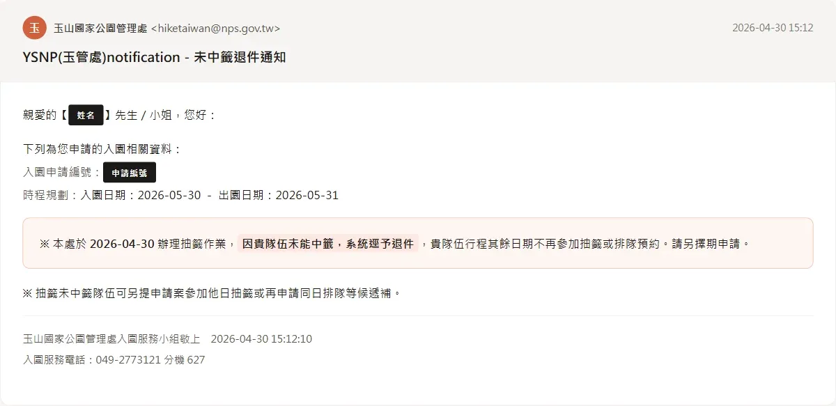 排雲山莊抽籤未中籤退件通知信截圖，玉管處系統逕予退件