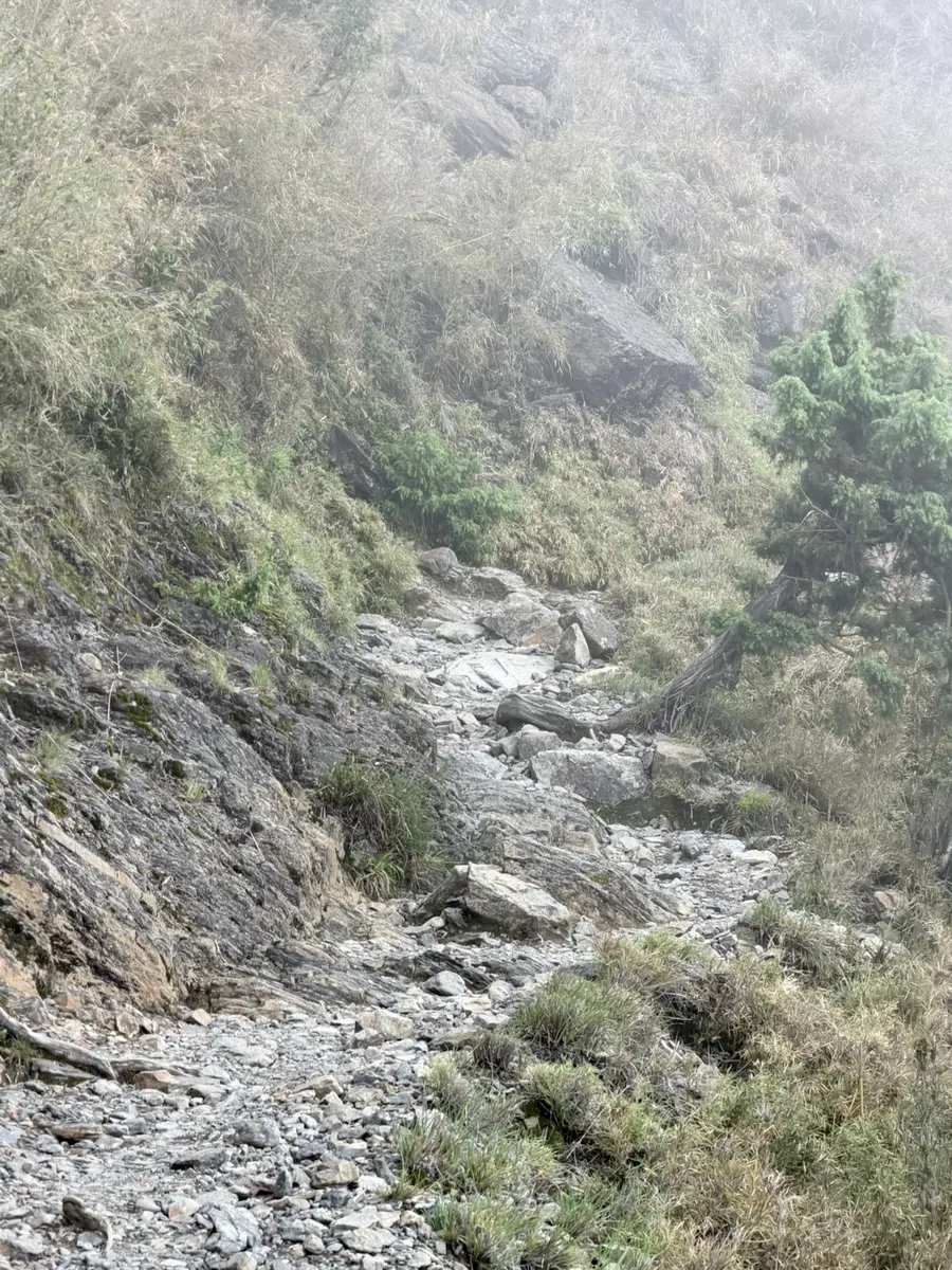 玉山步道的崩塌碎石溝橫渡路段,滿地大小不一的落石,霧中看不見對岸