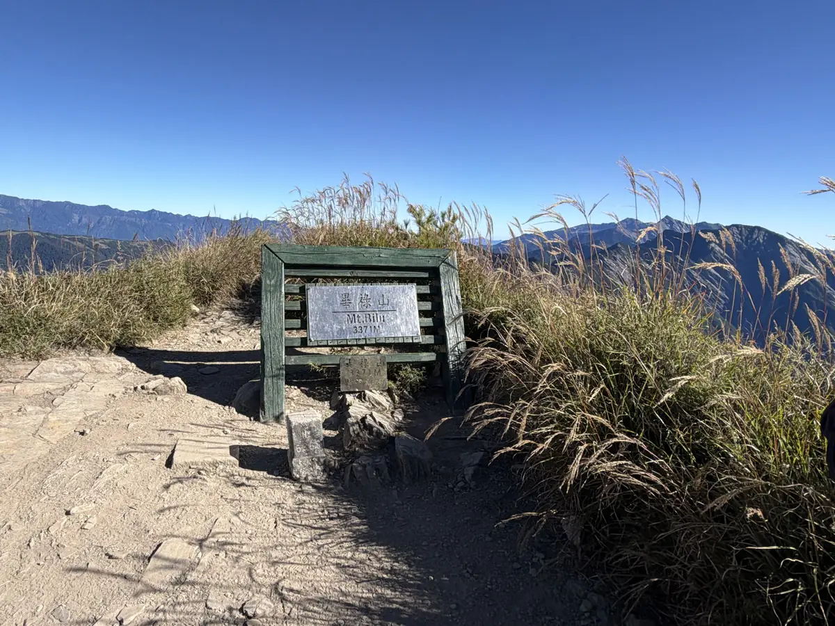 畢祿山頂的山名牌，四周長滿芒草，遠方是層層山稜