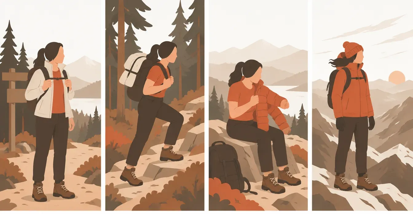 看動作換衣服四格插畫：登山口穿薄外套、爬升時外套綁在背包上、休息時穿上羽絨外套、清晨稜線戴毛帽手套穿外套